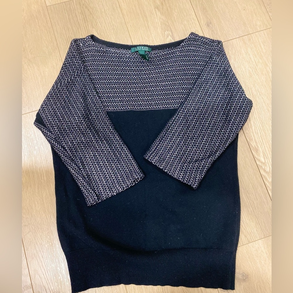 Ralph Lauren Women Sweater Metallic Black Striped Cotton Blend Boat Neck